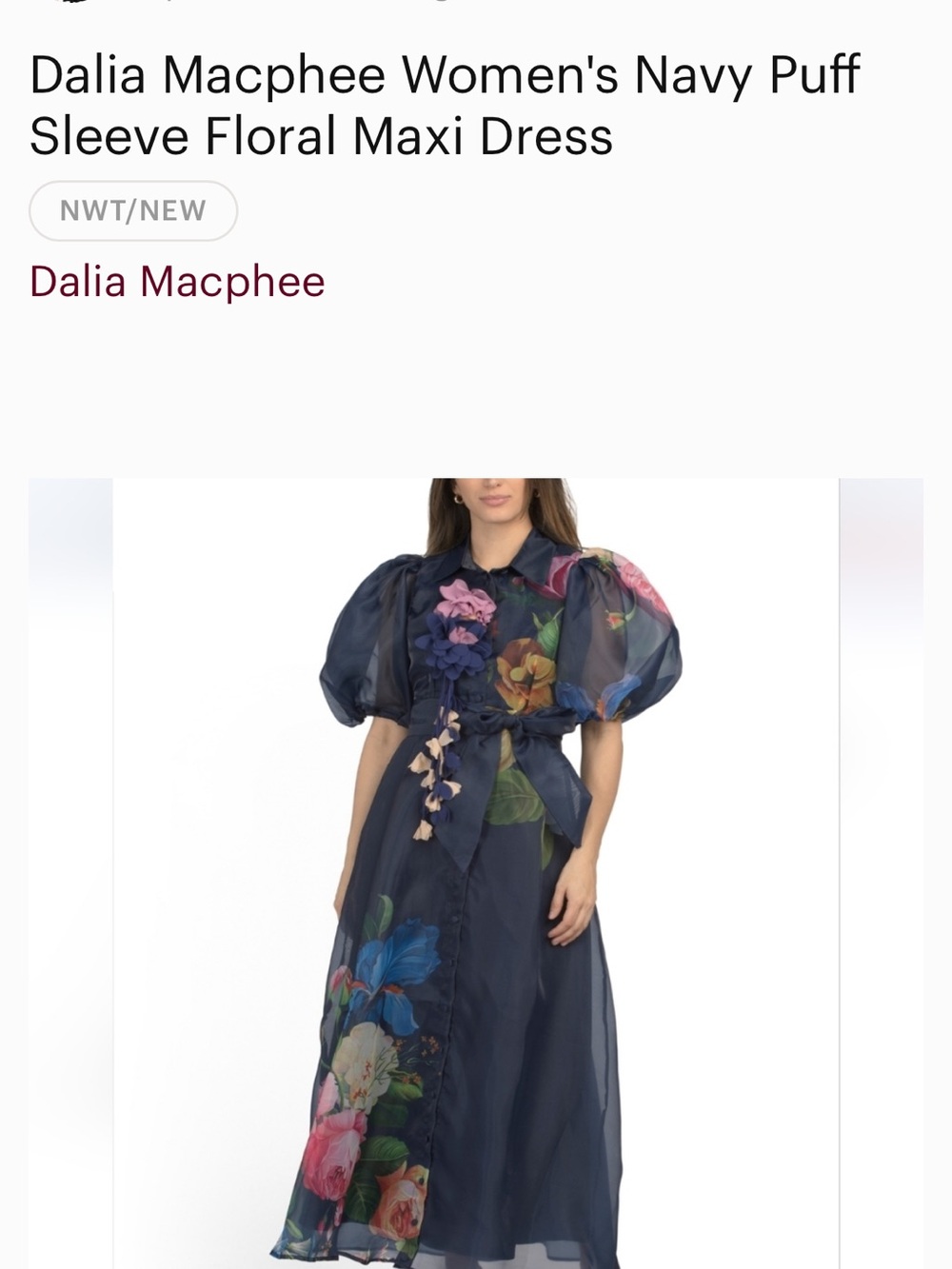 Navy Floral Organza Maxi Dress with Puff Sleeves - Picture 3 of 3